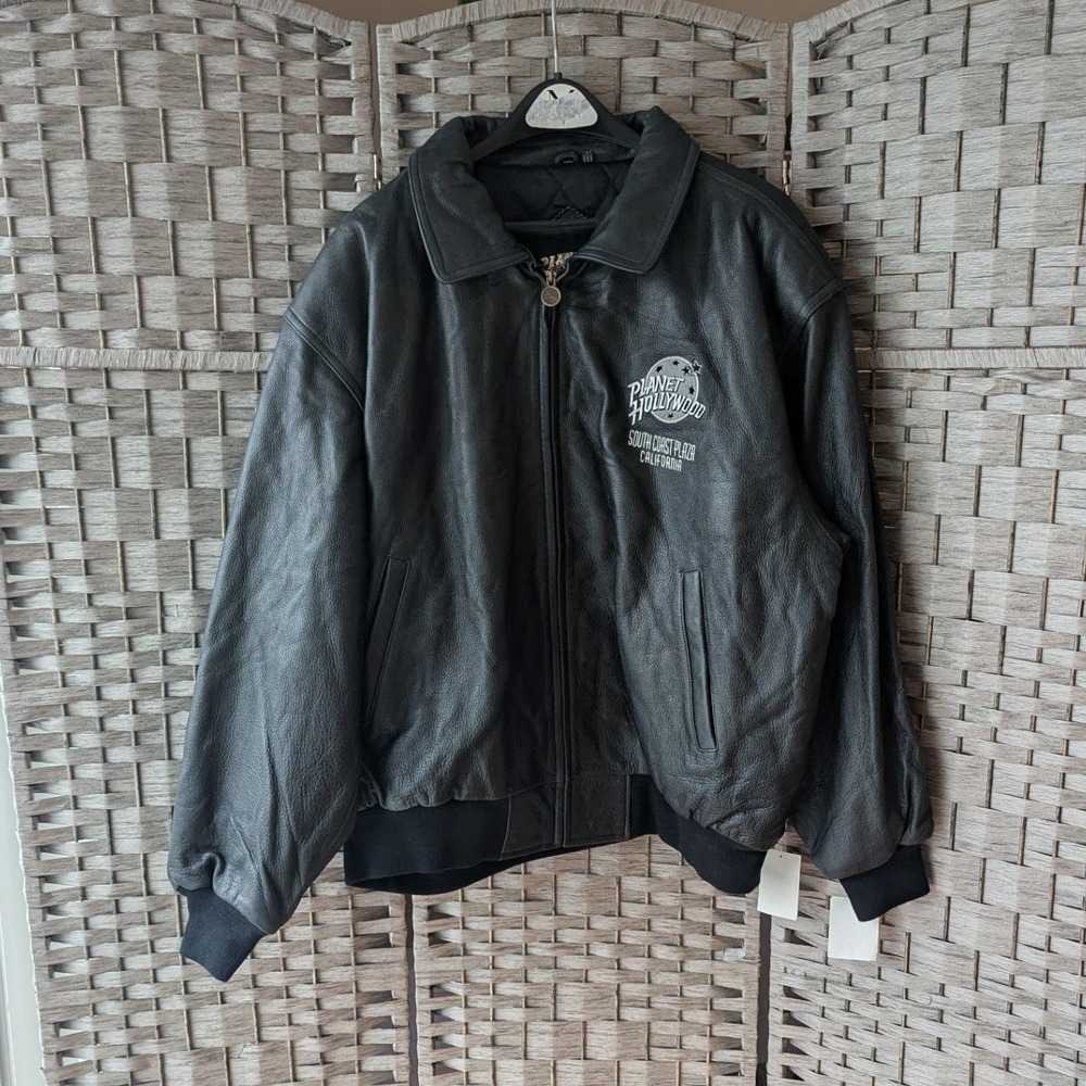 Vtg 90s Planet Hollywood Bomber Jacket Black Leather South Coast California 2XL - Picture 3 of 11